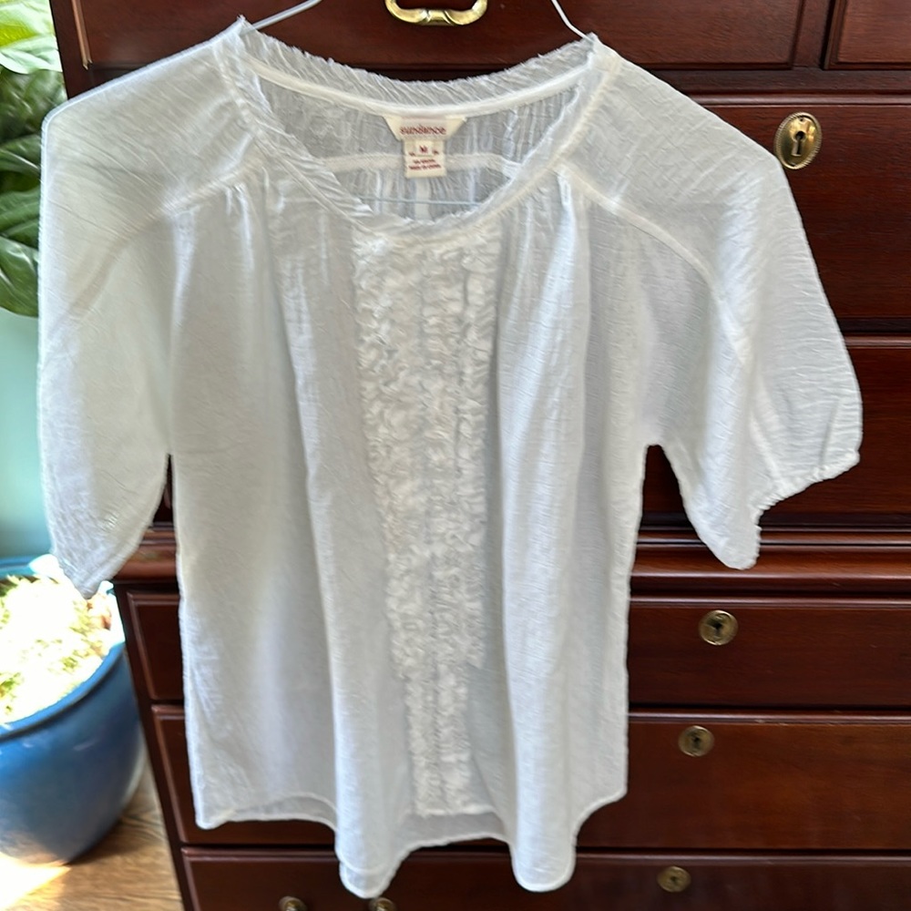 Sundance White Cotton Blouse with Front Ruffles - Medium